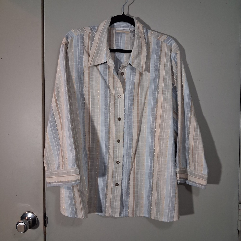 Alfred Dunner Womens 22W Top Striped 3/4 Sleeve Button Down Textured Pastel